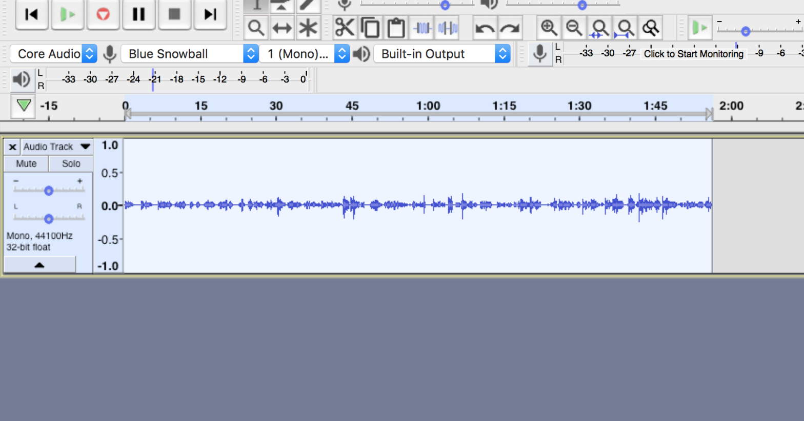 Screenshot of low audio wave form in Audacity