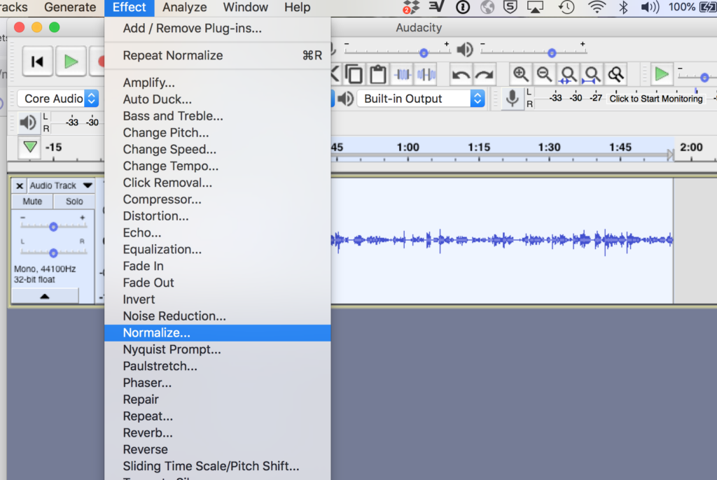 Screenshot of selecting "normalize" effect in Audacity