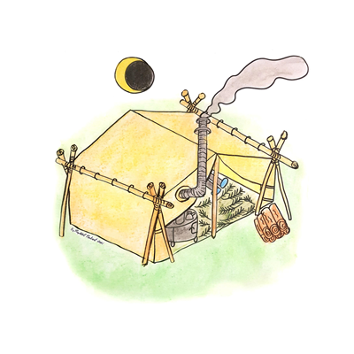 Tan wall tent with smoke coming out of stovepipe